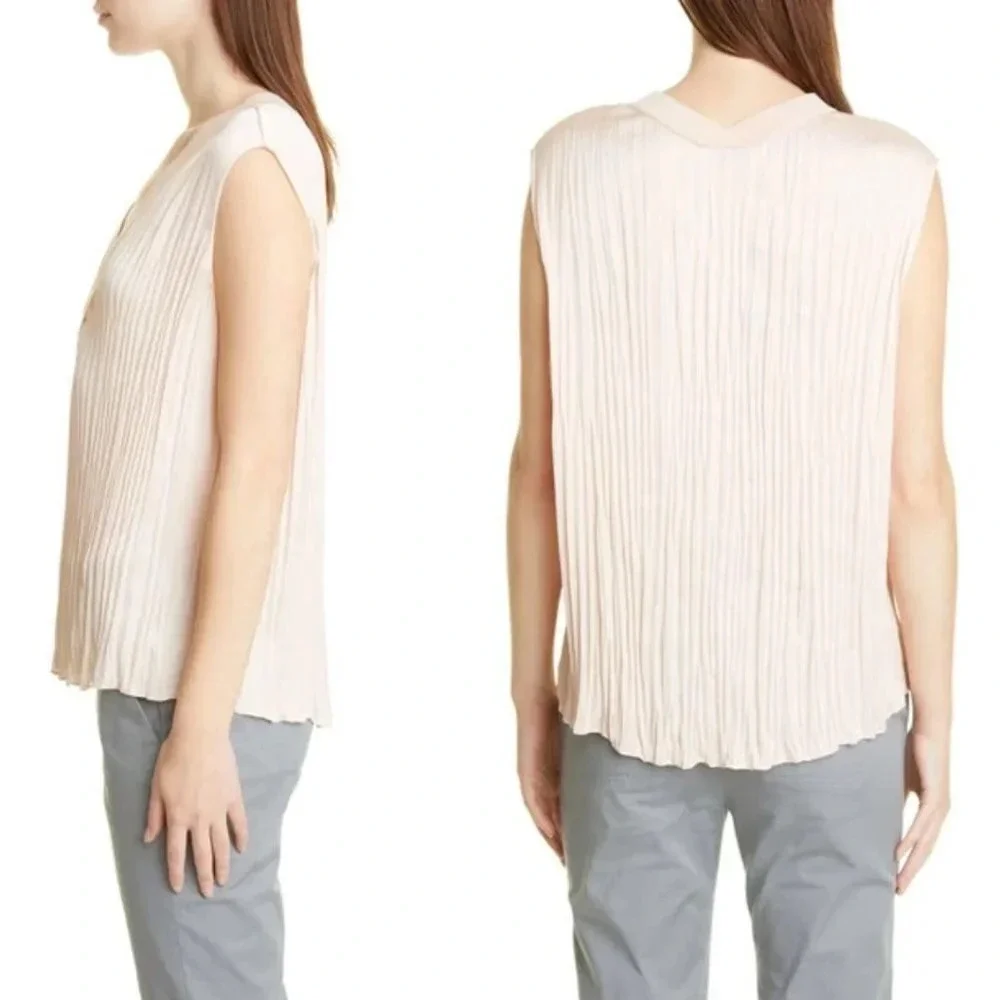 New Vince Crushed Sleeveless Double V-Neck Blouse in French Rose size Small - Picture 2 of 7